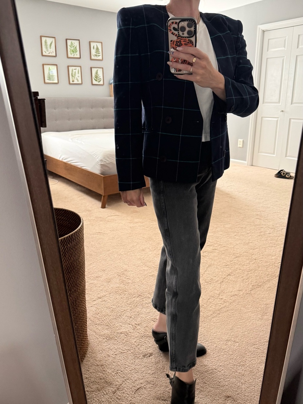 VINTAGE 90’s Navy Windowpane Double-Breasted Blazer with Shoulder Pads